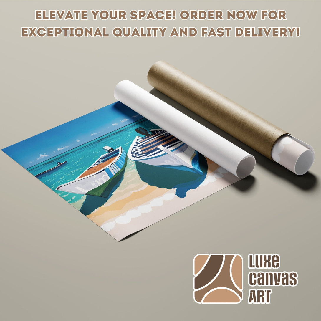 Poster Roll featuring boats on the sea in a modern style, with a blue and beige color palette. Elevate your space!