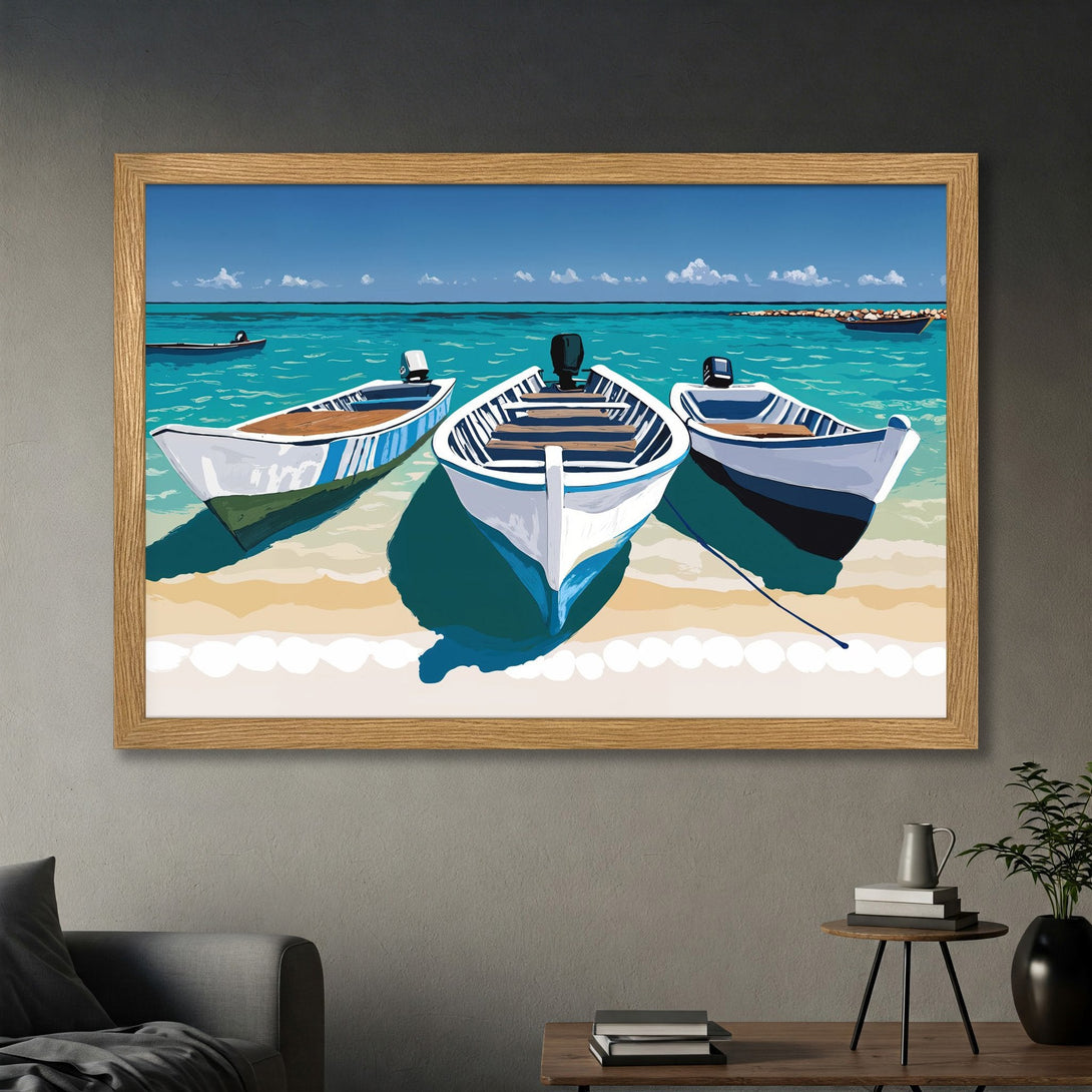 Framed Poster featuring boats on a beach, vibrant blue and turquoise color palette, perfect for coastal decor.