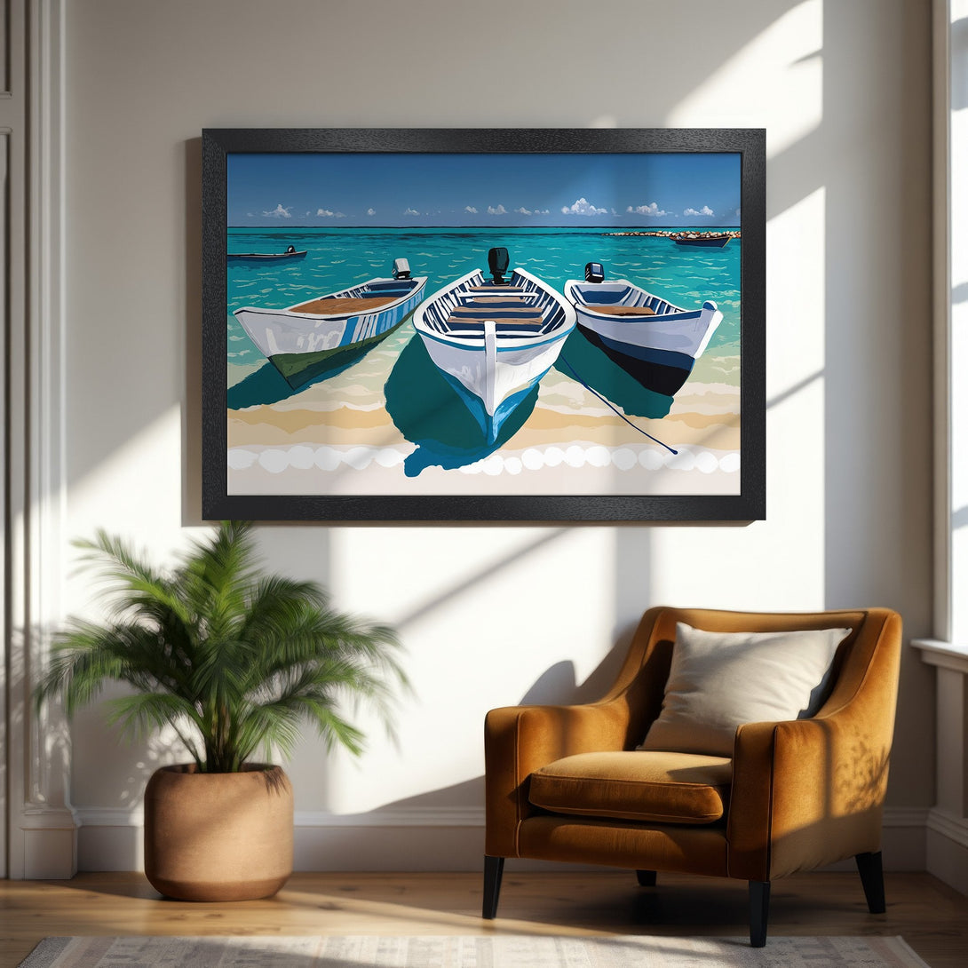 Framed Poster featuring boats on a turquoise sea, in a minimalist style with blue, white, and tan hues. Perfect coastal wall art!