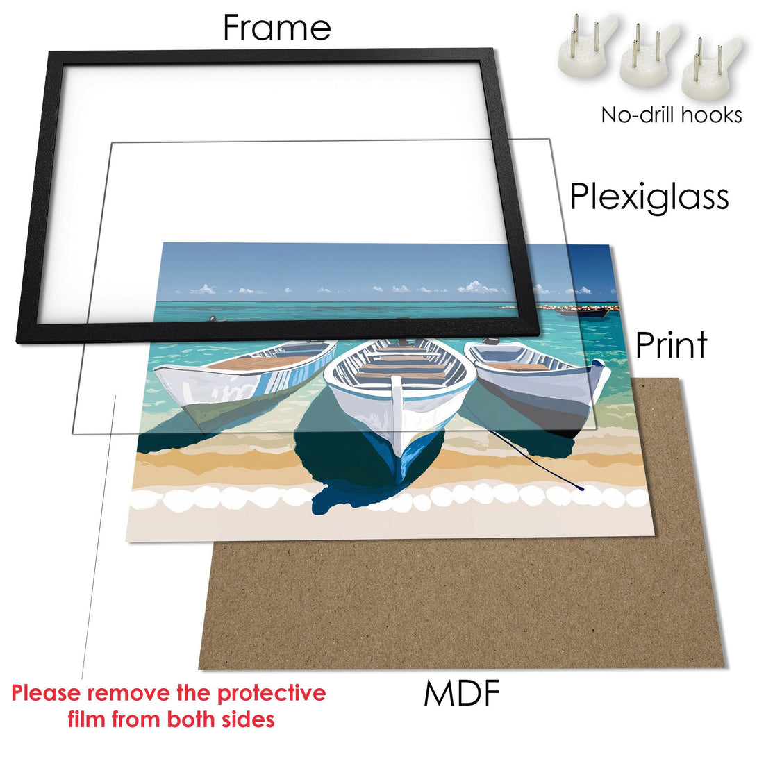 Framed Poster featuring boats on a beach, in a serene style with blue, white, and sandy tones. Perfect wall art!