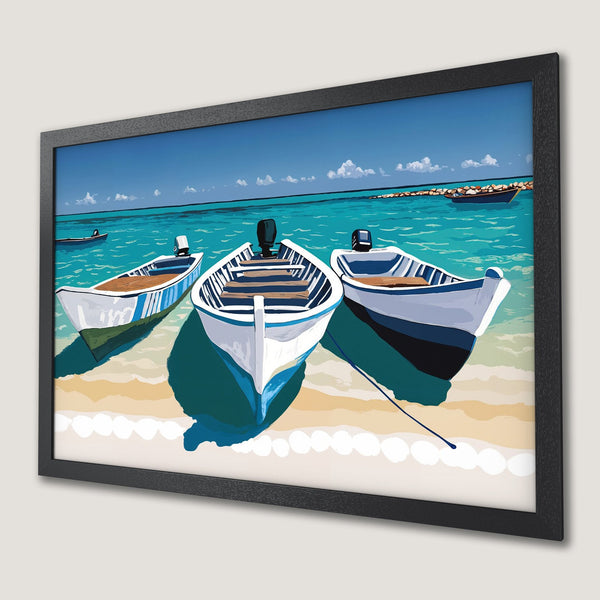 Framed Poster featuring boats on a turquoise sea. Modern art style with blue, white, and sandy tones. Perfect wall decor!