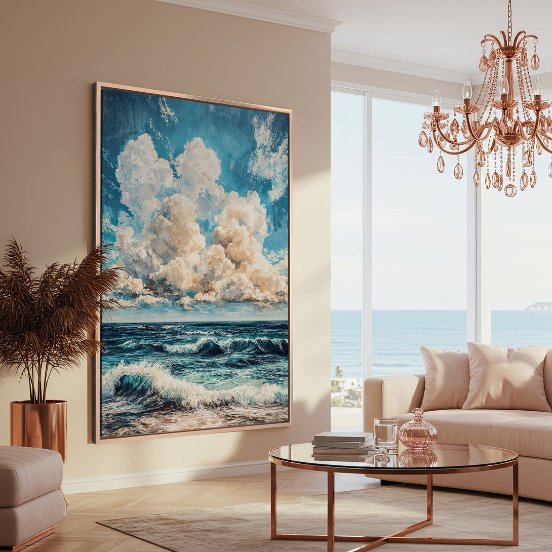 Framed Wall Art: Ocean waves canvas print in blue and white tones. Coastal art for a serene living room. Modern decor with a touch of nature.