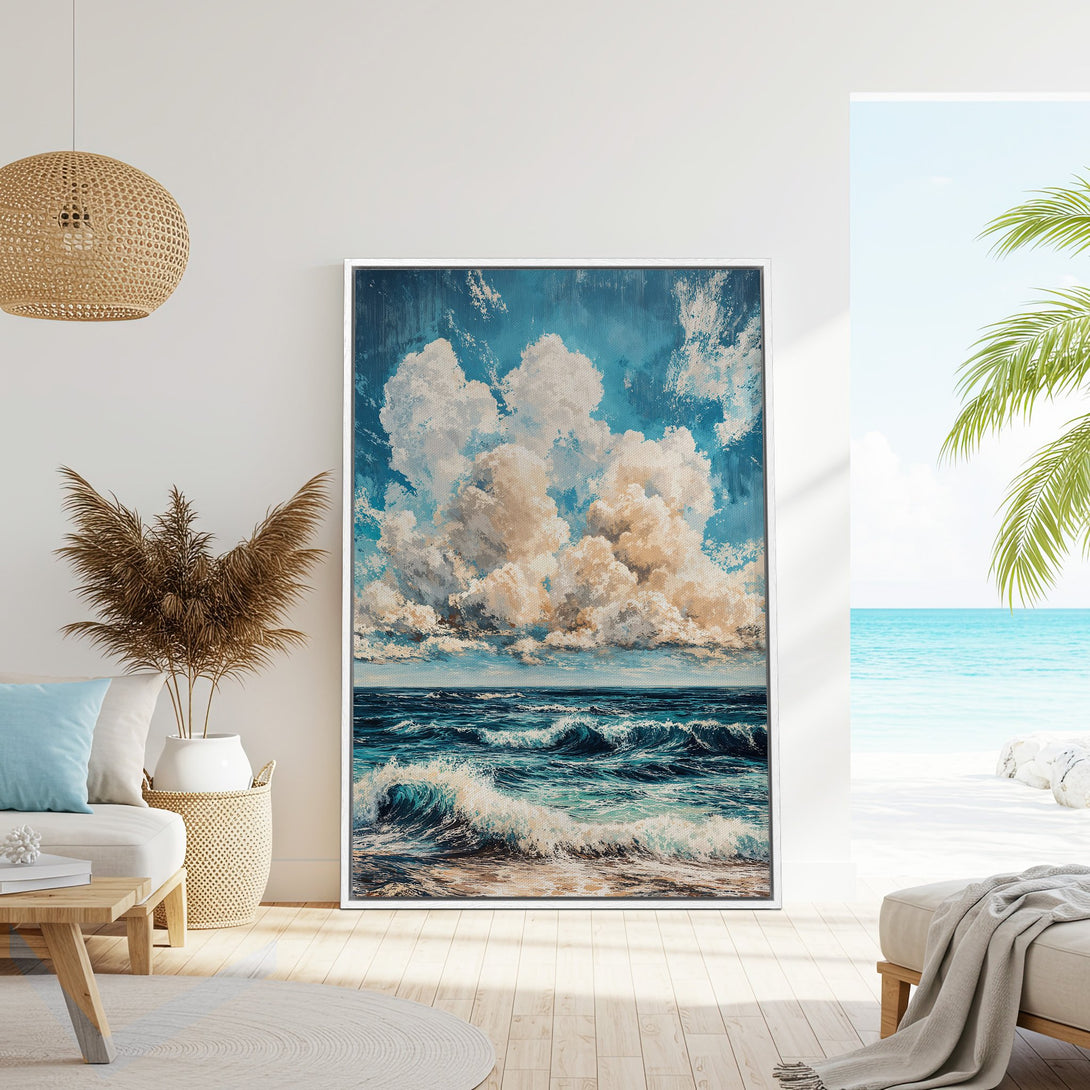 Framed Wall Art: Coastal painting of ocean waves and clouds in blue and cream tones. Perfect for adding a touch of serenity to your home.