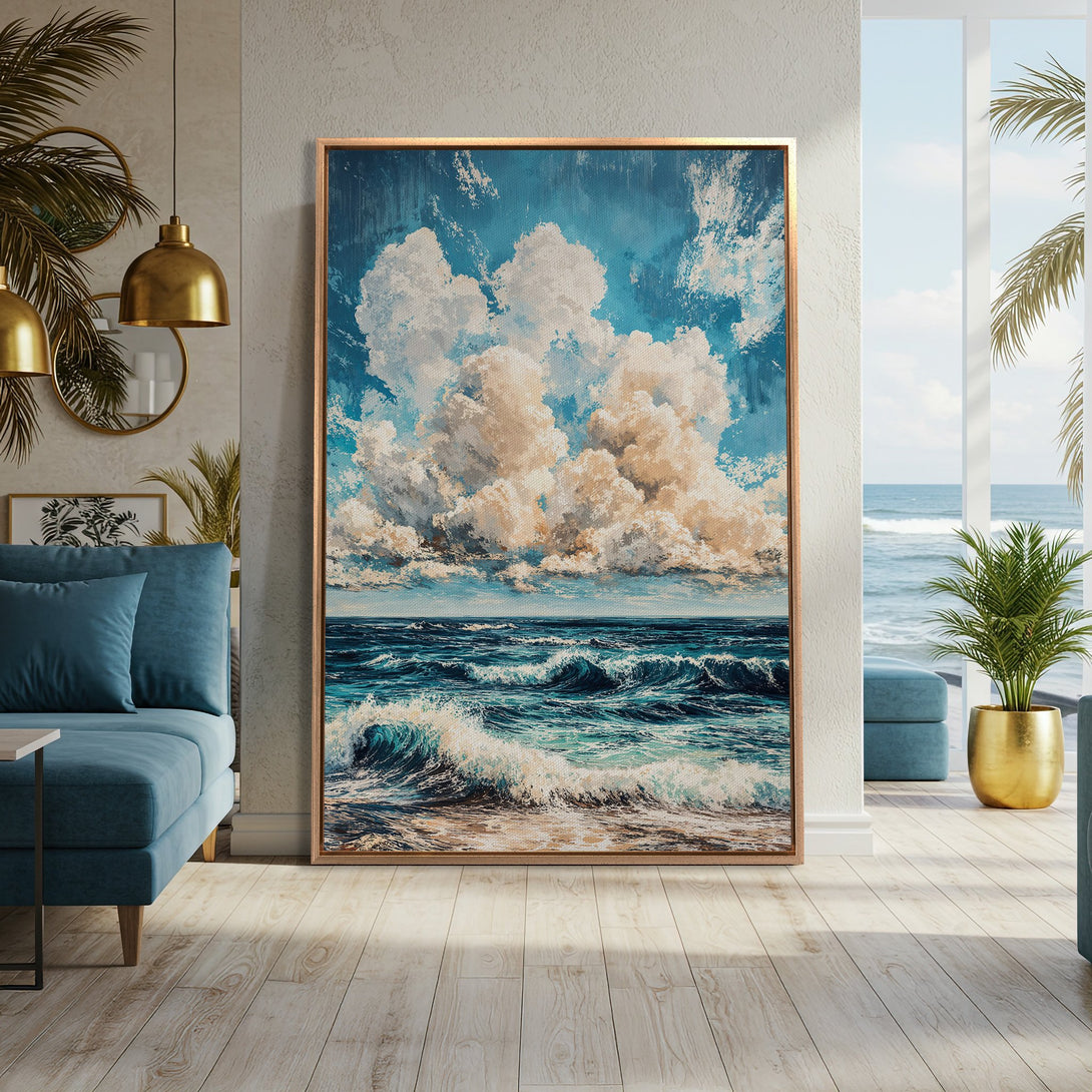 Framed Wall Art: Ocean wave painting in blue and white, displayed in a modern interior. Coastal art for a serene home.