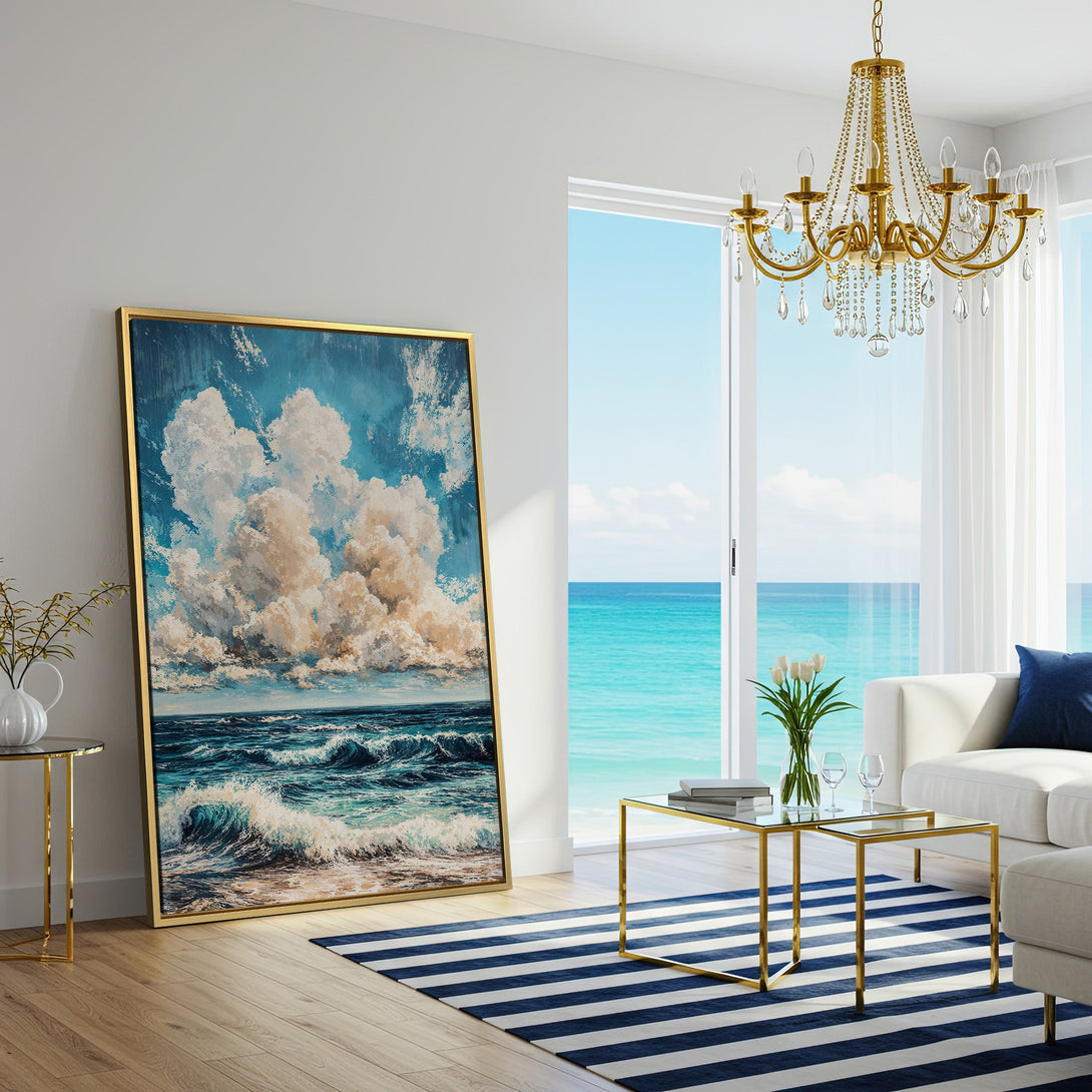 Canvas Print of ocean waves and sky, displayed in a bright, modern interior. Blue, white, and neutral color palette. Coastal wall art for your home.