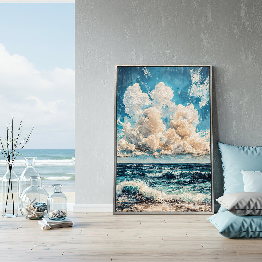 Framed Wall Art: Coastal scene Canvas Print with a dramatic sky and ocean waves in blue and white. Perfect for adding a touch of serenity to your home decor.