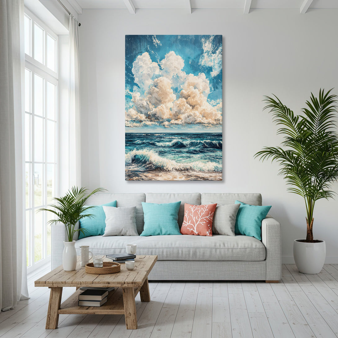 Framed Wall Art: Coastal scene Canvas Print with blue, white, and gold color palette, perfect for adding a touch of serenity to your living room.