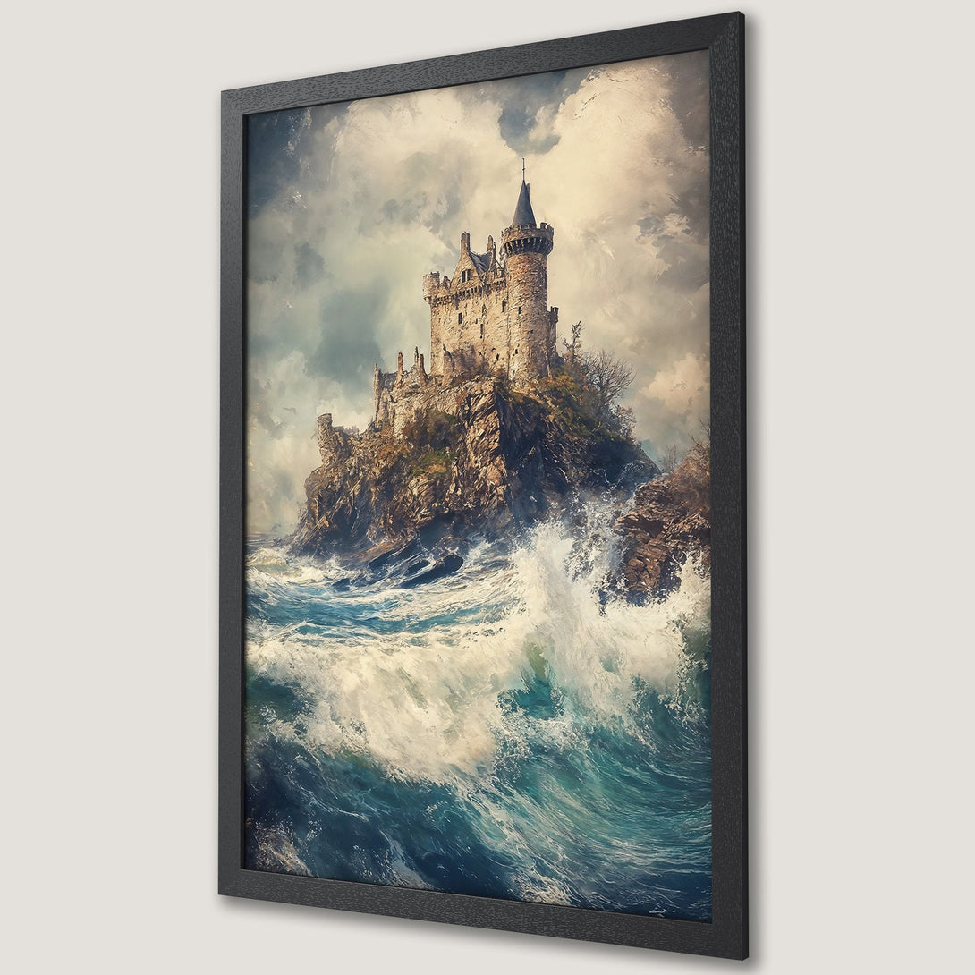 Framed Poster of a dramatic castle on a rocky island, painted in a classic style with a blue, beige, and brown color palette. Perfect wall art!