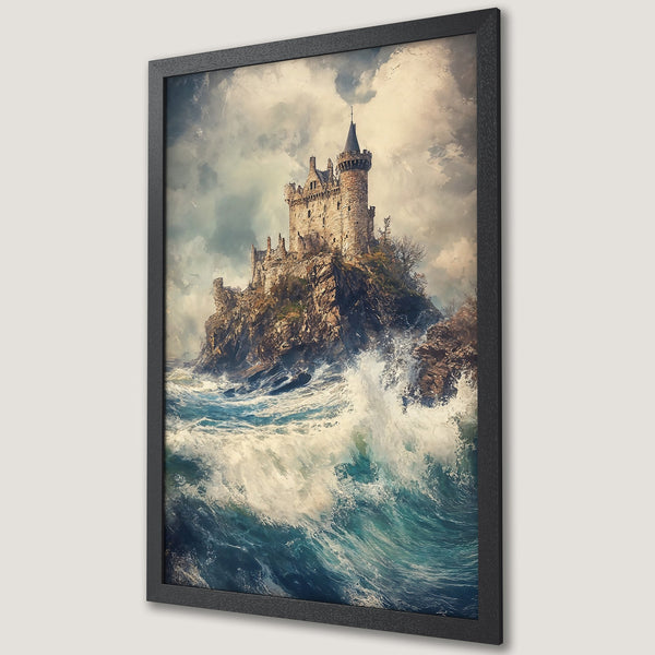 Framed Poster of a dramatic castle on a rocky island, painted in a classic style with a blue, beige, and brown color palette. Perfect wall art!