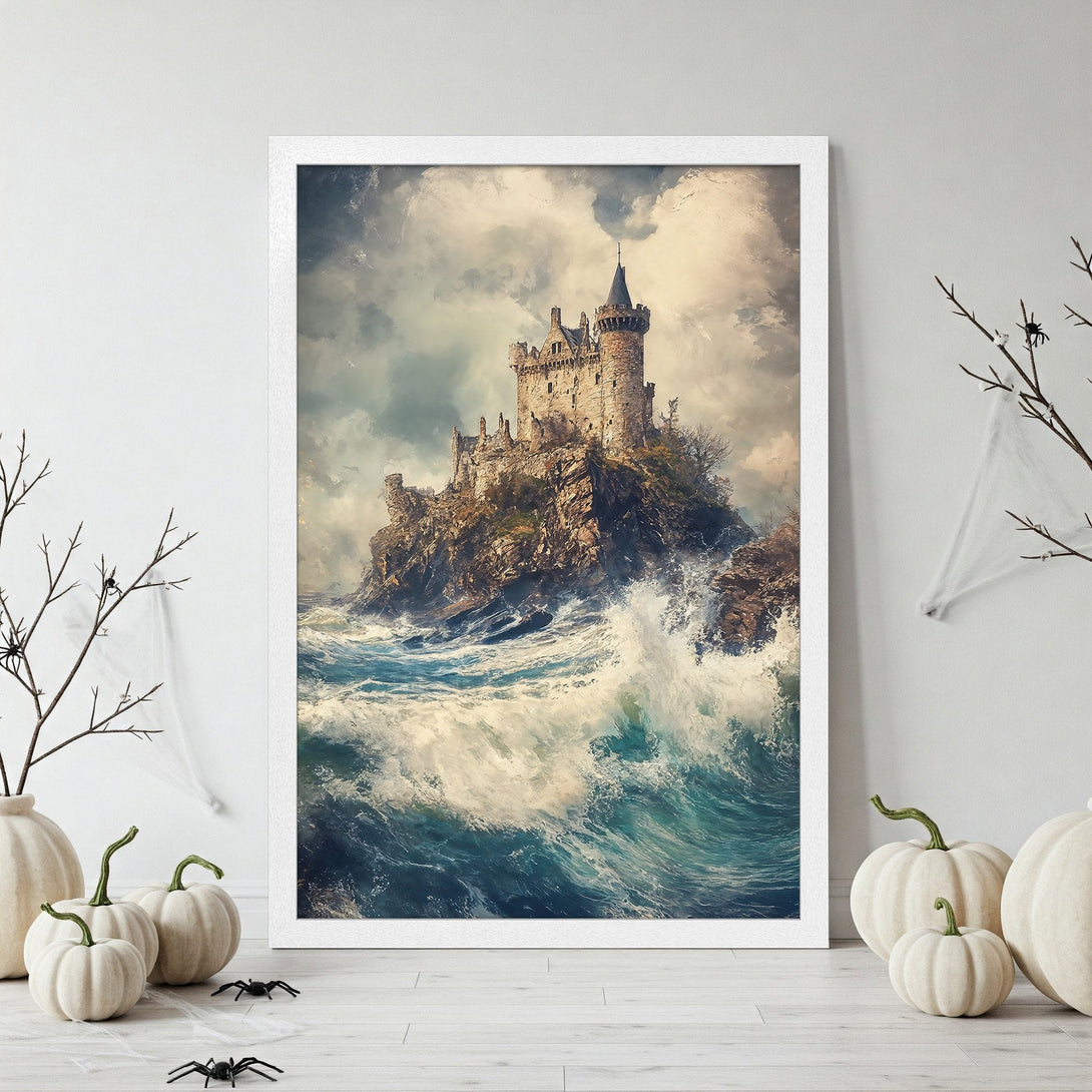 Framed Poster featuring a dramatic castle on a rocky island, painted in a moody, painterly style with a blue and beige color palette.
