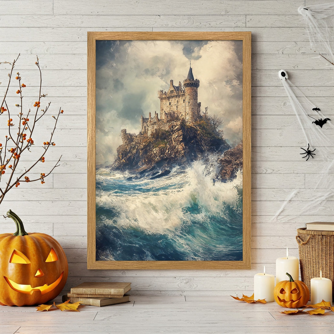 Framed Poster featuring a dramatic castle on a rocky island, with a stormy sky and ocean waves. Earthy tones and blues create a captivating art piece.