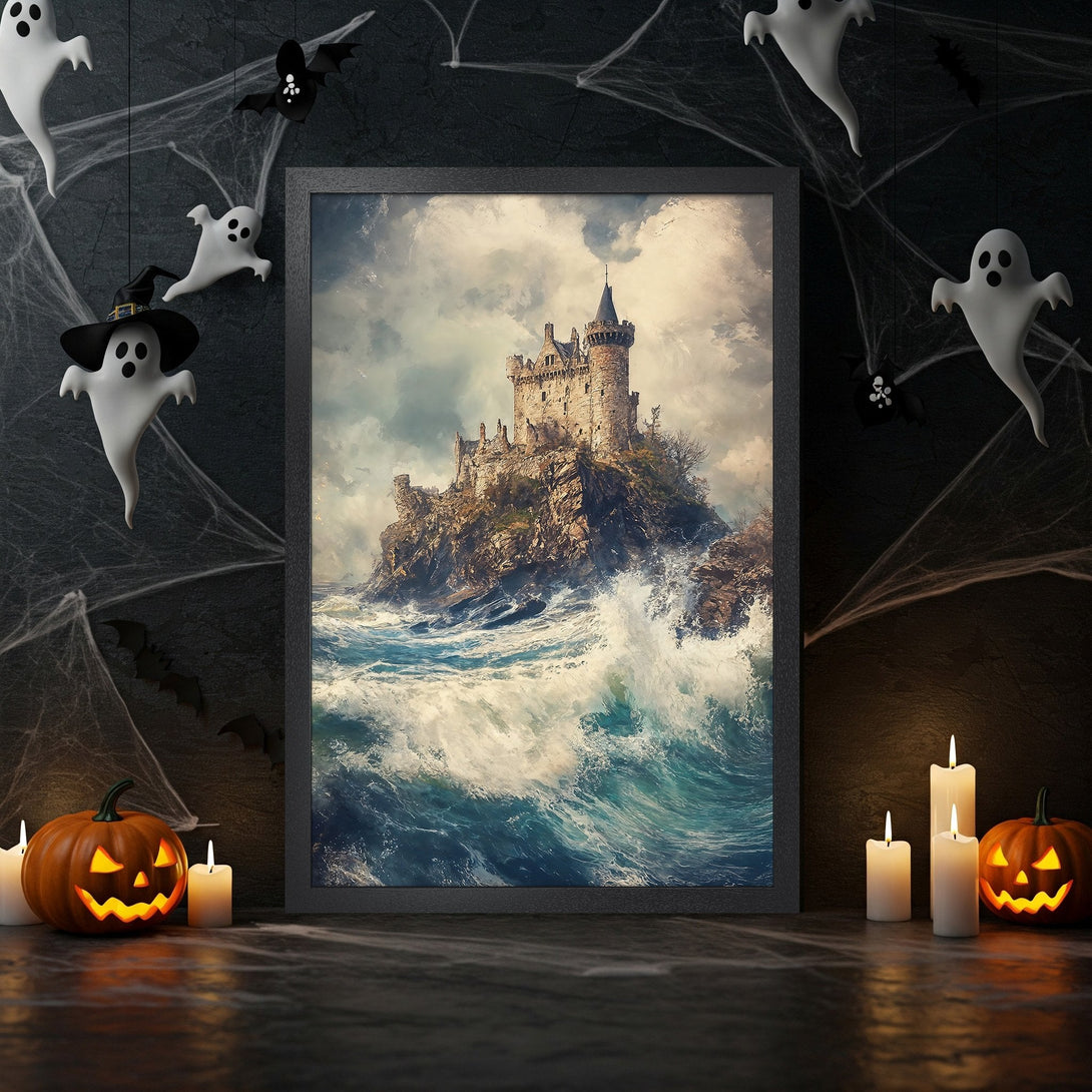 Framed Poster featuring a castle on a rocky island, dramatic style with blue, gray, and brown tones, perfect for Halloween decor.