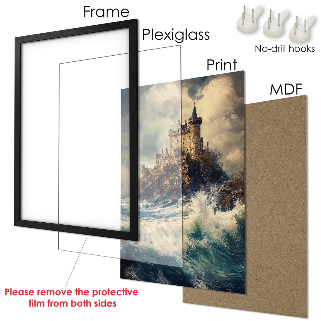 Framed Poster featuring a castle on a rocky island, with a dramatic, painterly style and a cool blue and brown color palette.