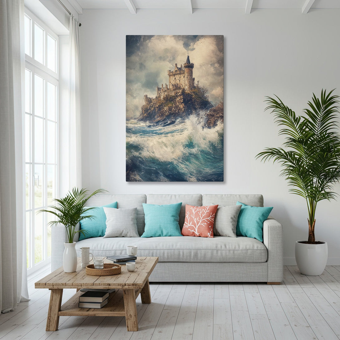 Framed Wall Art: Coastal castle scene in blue and gold tones. Perfect for adding a touch of elegance and drama to your home decor.