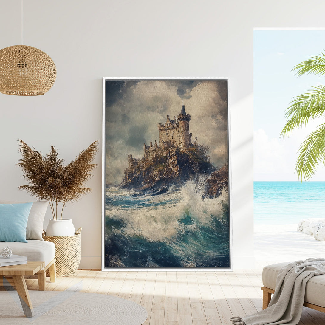 Framed Wall Art: Dramatic castle print with moody blues, greens, and grays. Coastal-inspired artwork perfect for adding a touch of history and style.