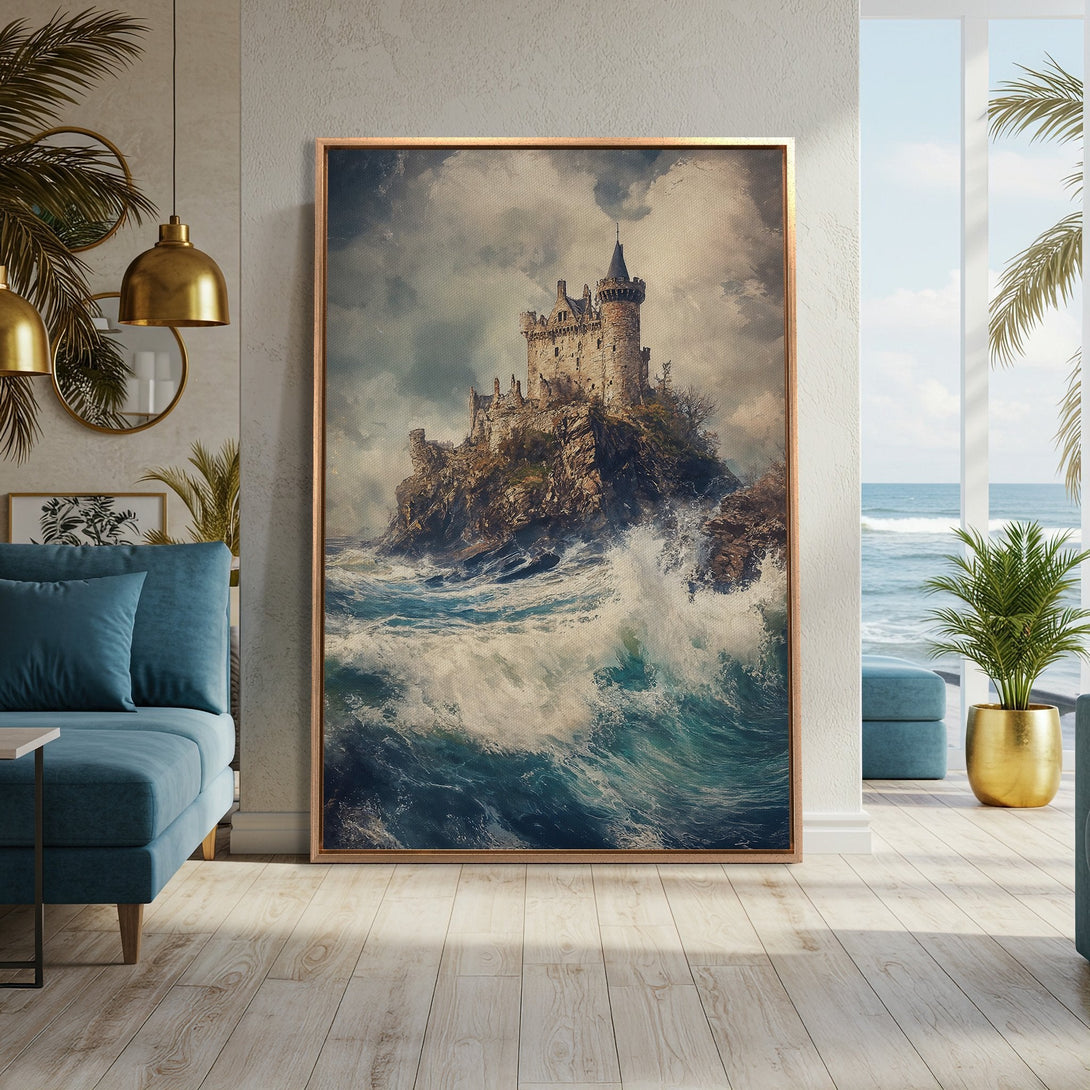 Framed Wall Art: Dramatic castle painting on canvas, showcasing a stormy seascape with blue and beige tones. Coastal art perfect for any interior.