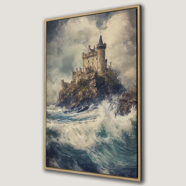 Framed Wall Art of a dramatic castle on a rocky island, painted in a vintage style with a blue and gray color palette. Perfect for adding a touch of history.