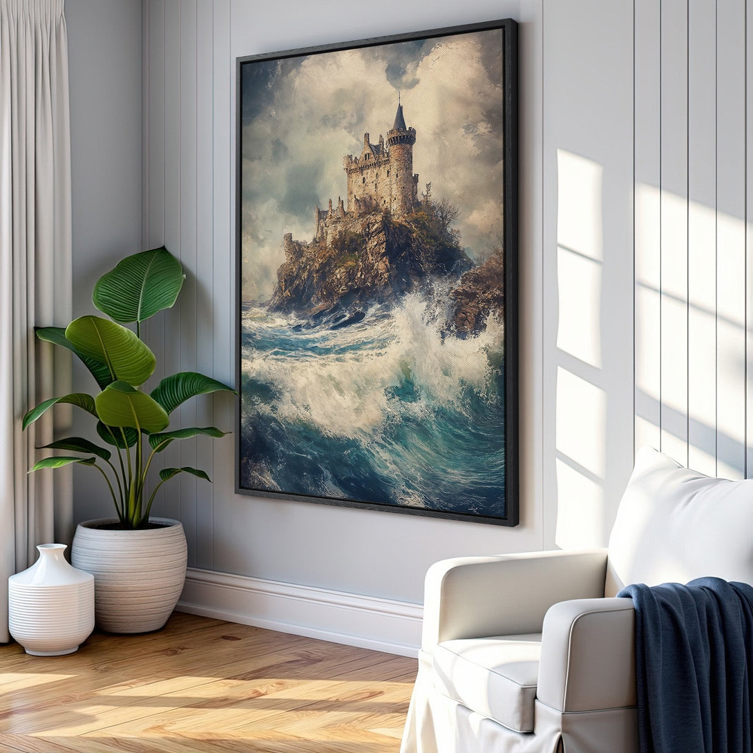 Framed Wall Art: Dramatic castle on a rocky island, ocean waves. Moody, vintage style with blue, gray, and earthy tones. Perfect for any room!