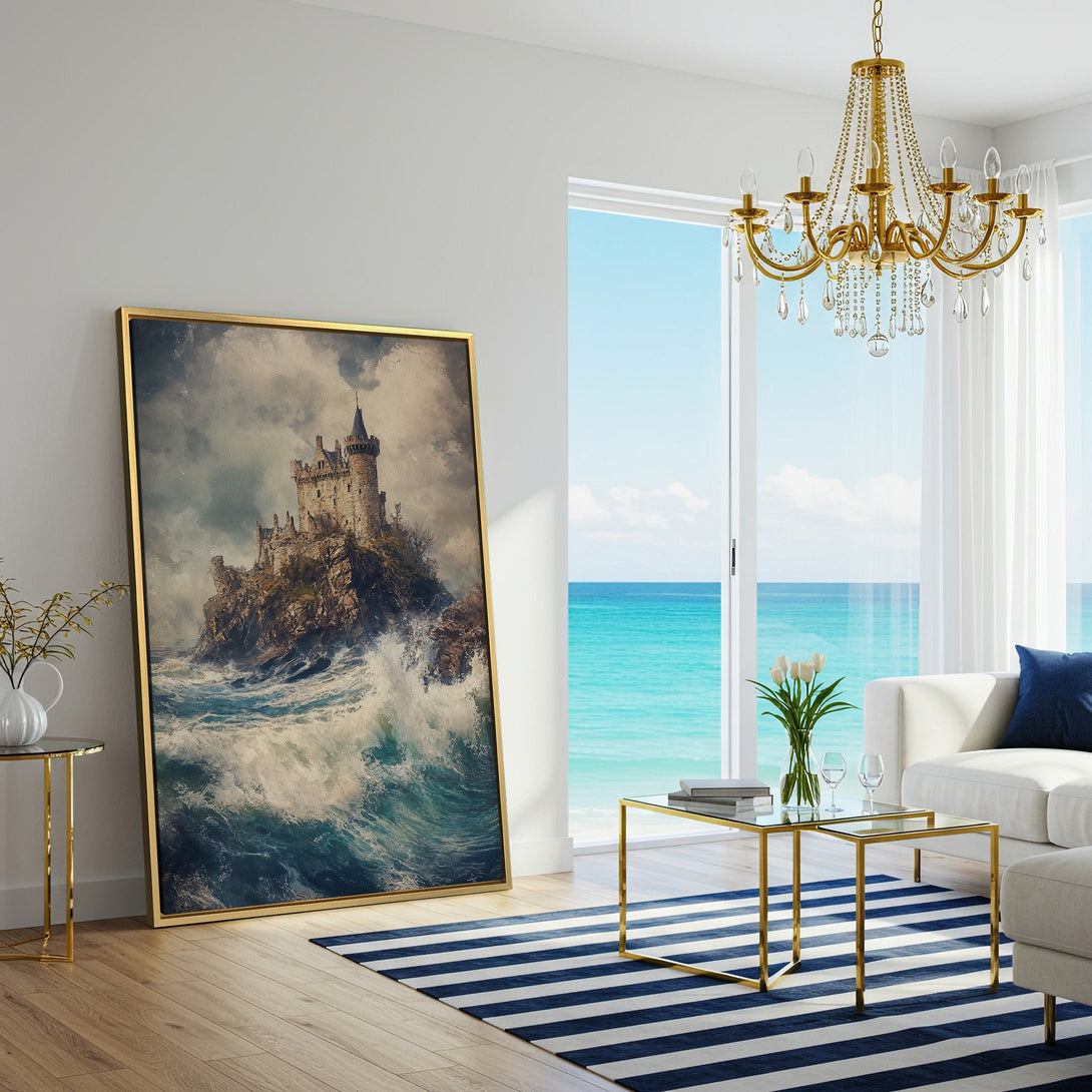 Canvas Print of a castle on a rocky island in stormy seas. Coastal wall art with a moody, blue and beige color palette.