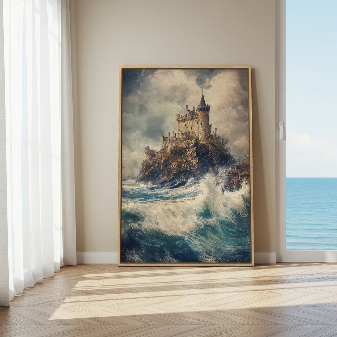 Framed Wall Art: Dramatic castle painting on canvas. Coastal scene with moody blues and grays, perfect for adding a touch of history to your home decor.