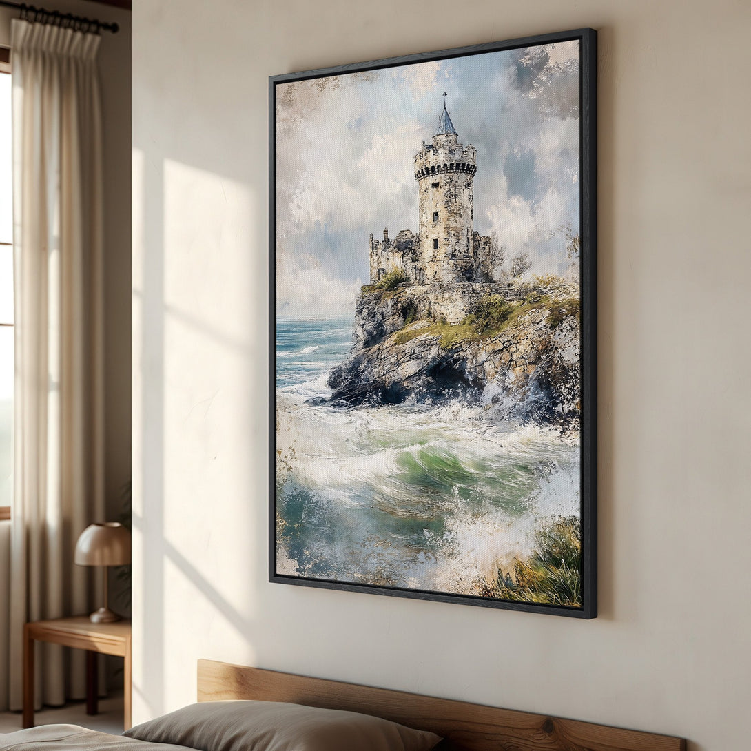 Framed Wall Art: Coastal castle painting in a muted, watercolor style. Features a cool blue, green, and neutral color palette. Perfect for adding a touch of elegance.
