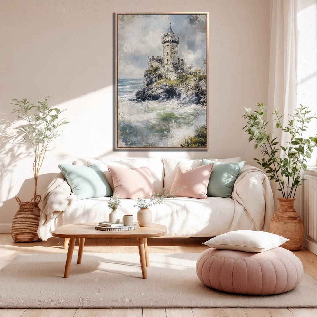 Framed Wall Art: Coastal castle painting in neutral tones. Adds elegance to any living room. Soft, inviting color palette. Perfect for home decor.