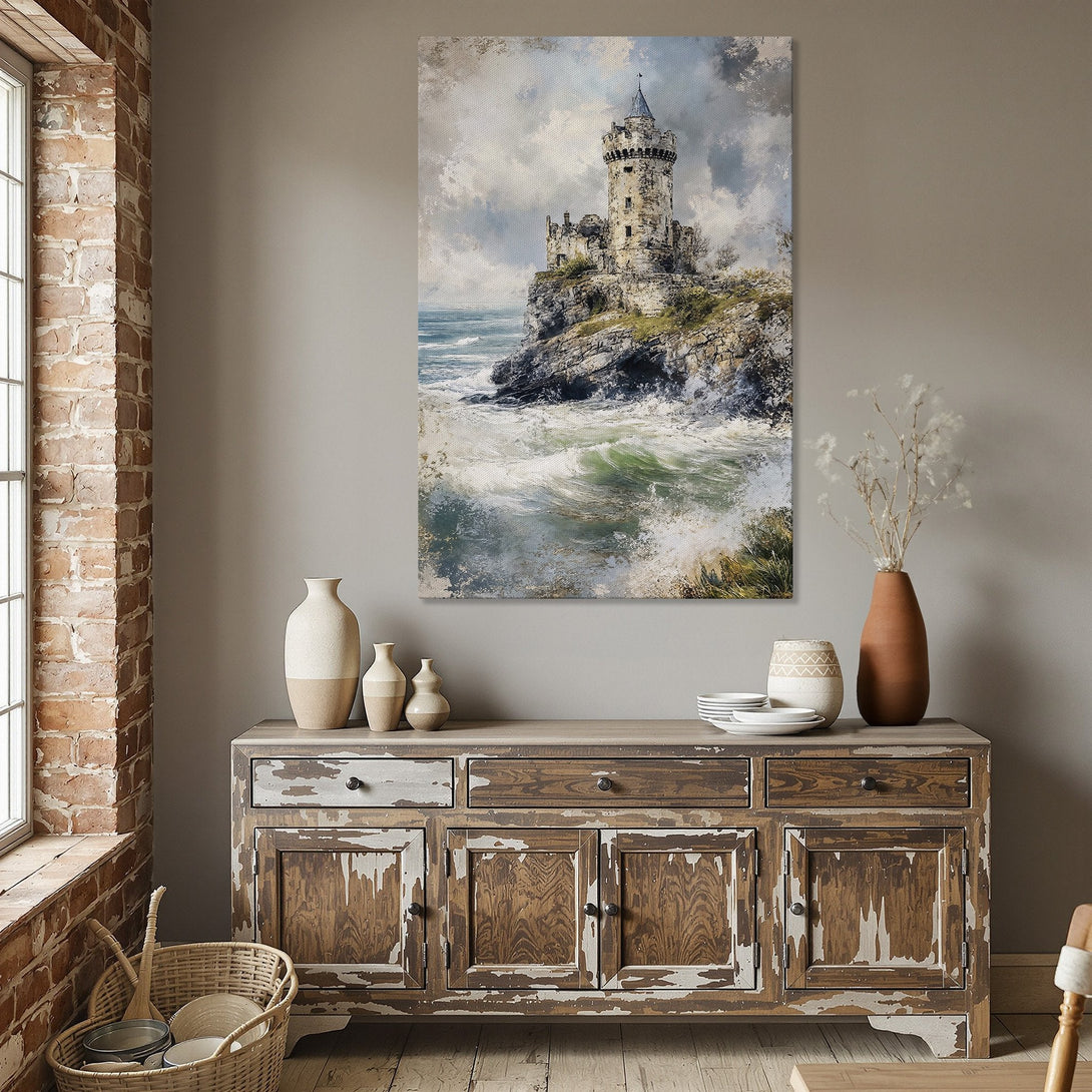 Framed Wall Art: Coastal castle painting in a dining room. Features a muted blue, green, and beige palette. Perfect for adding a touch of elegance to your space.
