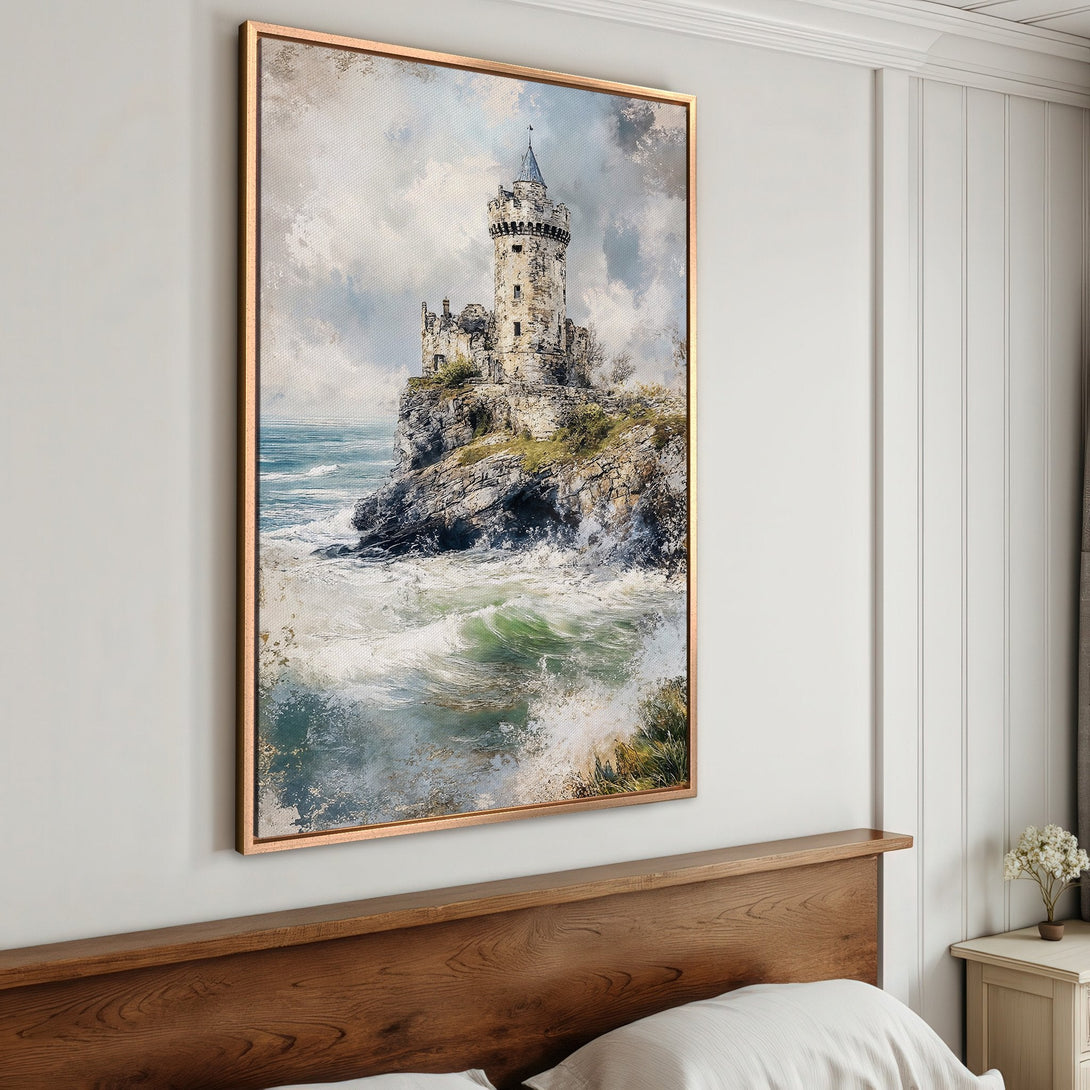 Framed Wall Art: Coastal castle scene in muted blues, greens, and grays. Enhance your home with this stunning canvas print.