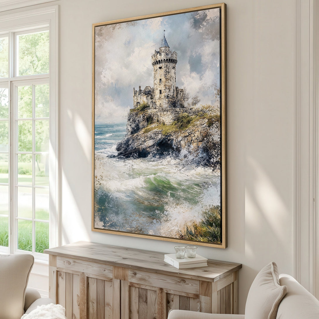 Framed Wall Art: Coastal castle painting in a vintage style with a muted blue, green, and beige color palette. Perfect for adding a touch of elegance.