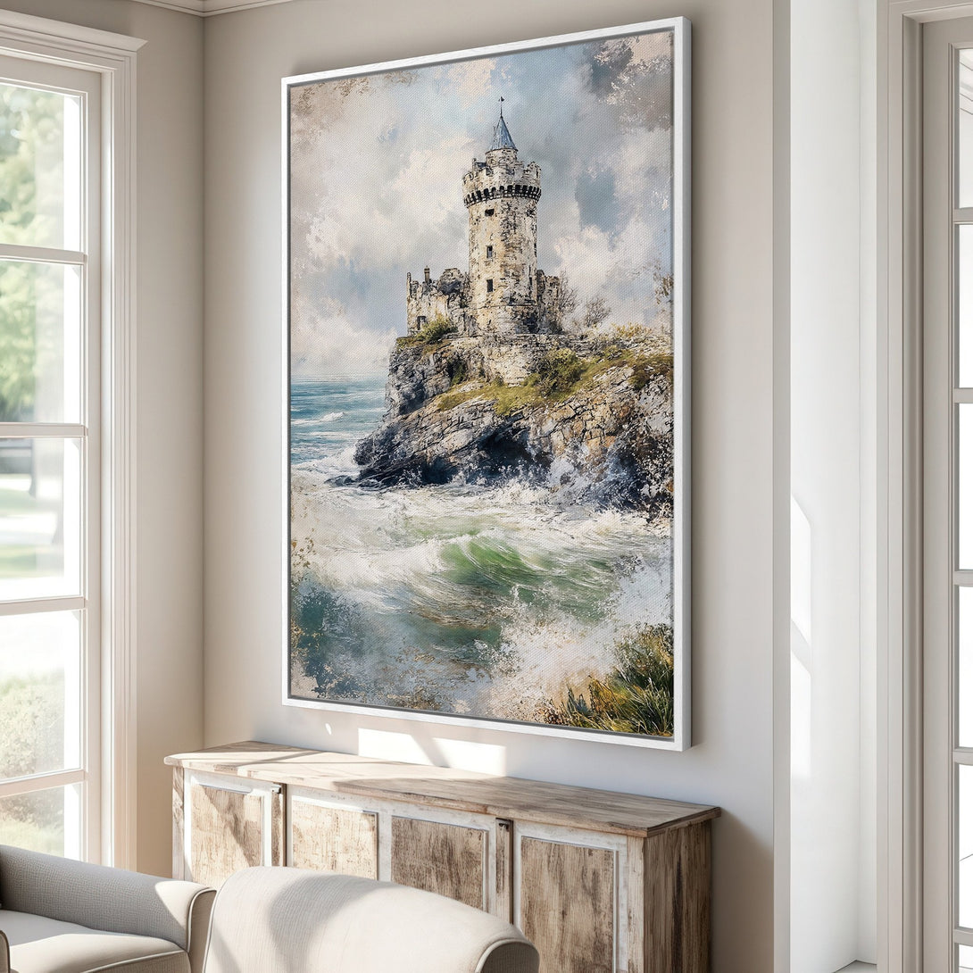 Framed Wall Art: Coastal castle painting with a vintage style, featuring a dramatic ocean scene in muted blues, greens, and grays. Perfect for any room!