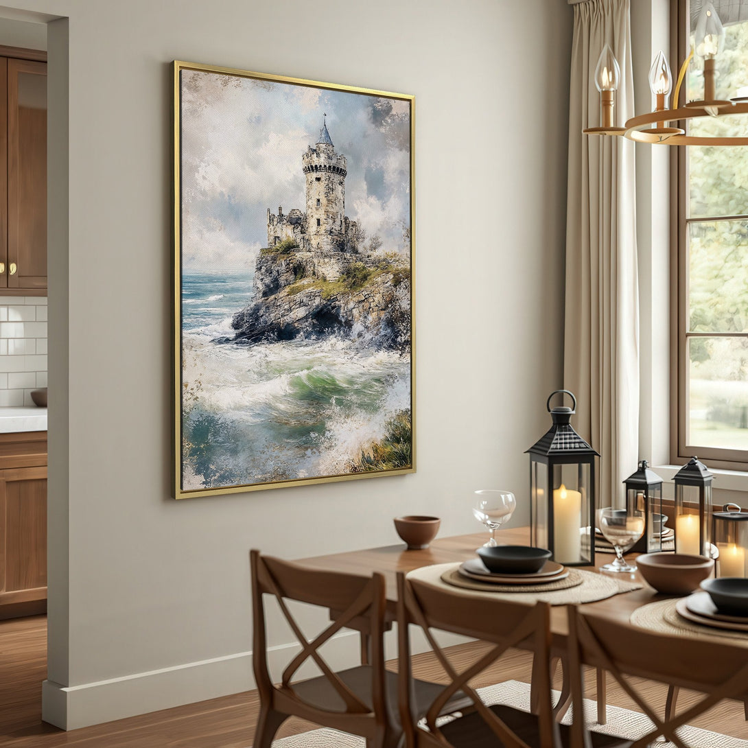 Canvas Print of a castle on a cliffside, showcasing a vintage style with a muted, earthy color palette. Perfect for adding a touch of history to your decor.