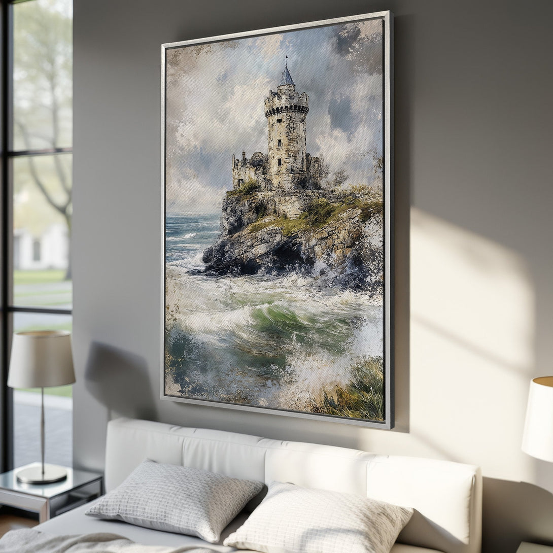 Framed Wall Art featuring a dramatic castle painting. Coastal scene with muted blues, greens, and grays. Perfect for adding a touch of elegance to your home decor.