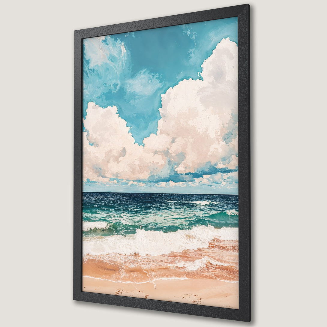 Framed Poster featuring a beach scene with blue, teal, and sand tones. Artistic style, perfect for coastal decor.