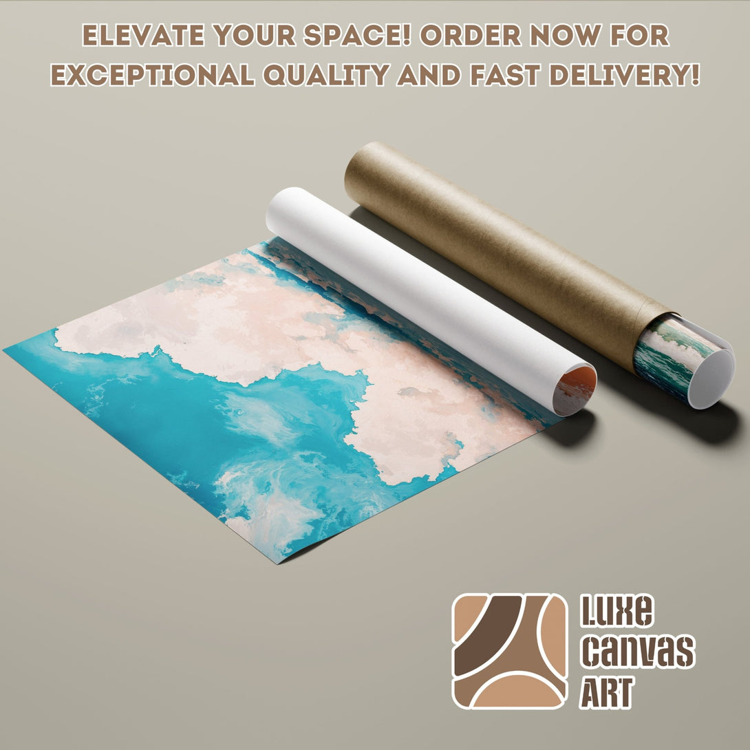 Poster Roll featuring abstract ocean art in blue, white, and beige. Elevate your space with this stunning print. Order now!