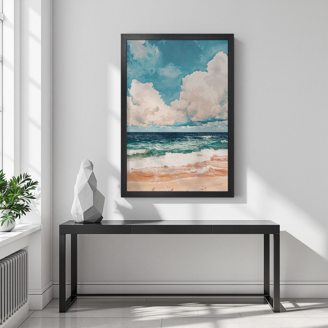 Framed Poster of a serene beach scene with blue, teal, and beige tones. Coastal art print perfect for a calming home decor.