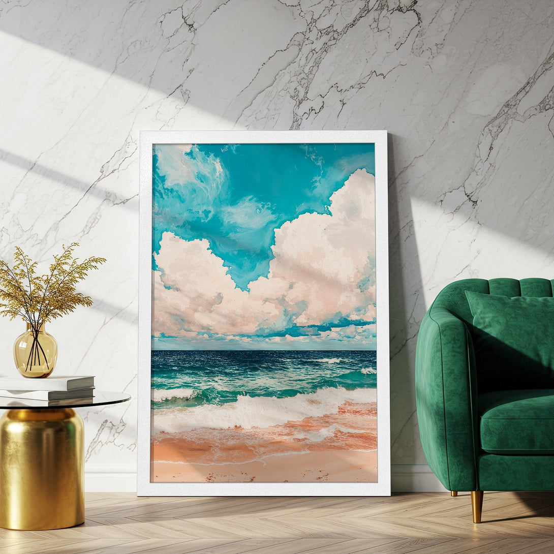 Framed Poster featuring a serene beach scene with turquoise sky, ocean waves, and sandy beach. Coastal art in a calming color palette.