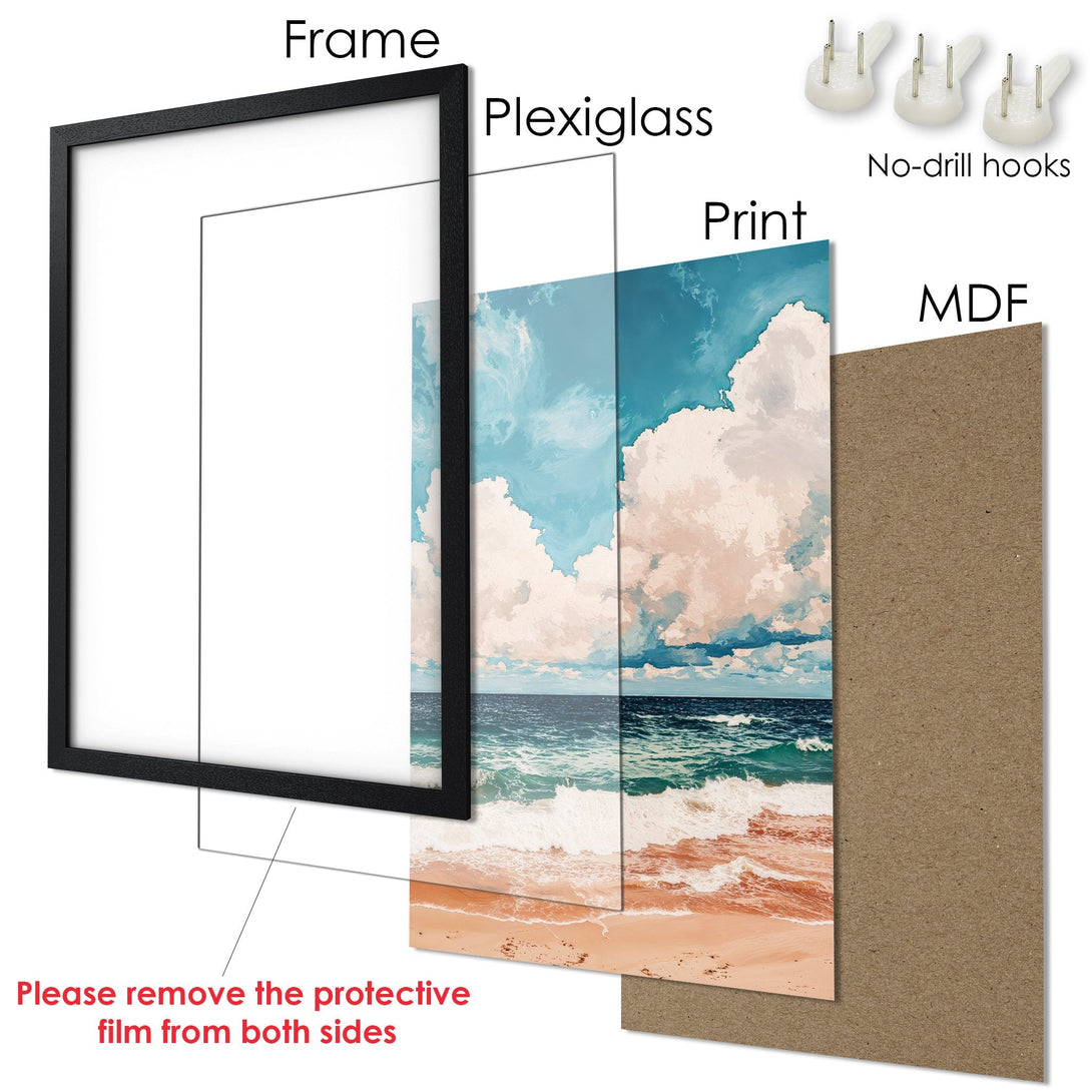 Framed Poster of a serene beach scene with blue, teal, and peach tones. Coastal art print ready to hang.