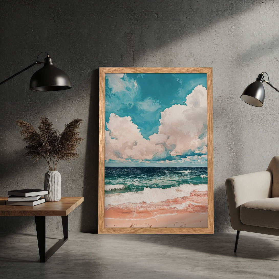 Framed Poster featuring a serene beach scene in a painterly style with blue, turquoise, and pink hues. Bring the ocean home!