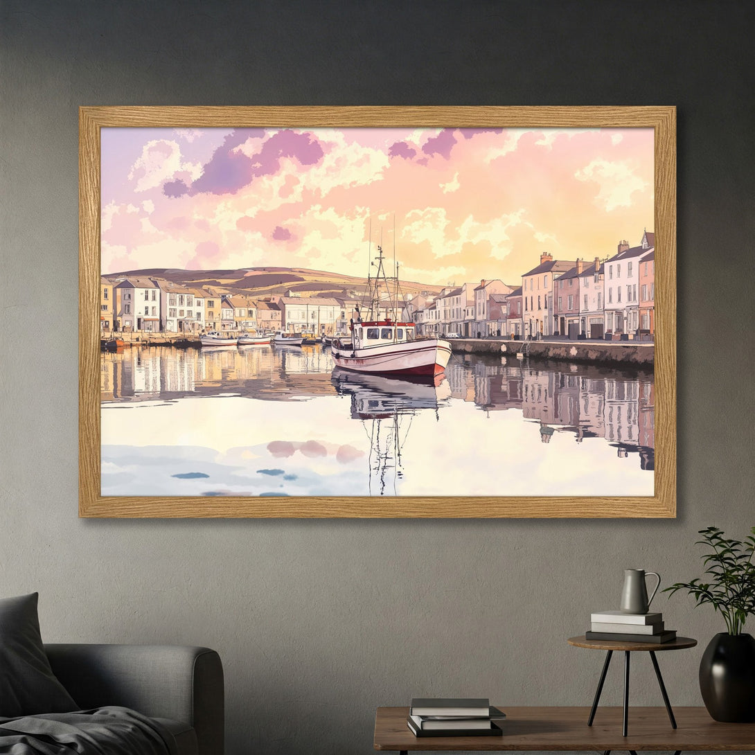 Framed Poster of a harbor scene in pastel colors. Coastal art print with boat and buildings. Perfect wall decor.