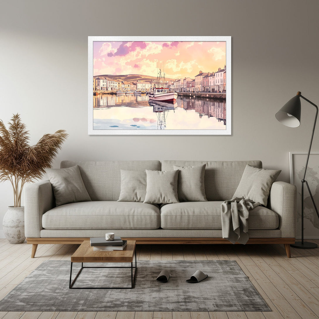Framed Poster of a harbor scene with a boat, watercolor style, featuring a warm sunset color palette. Perfect wall art!