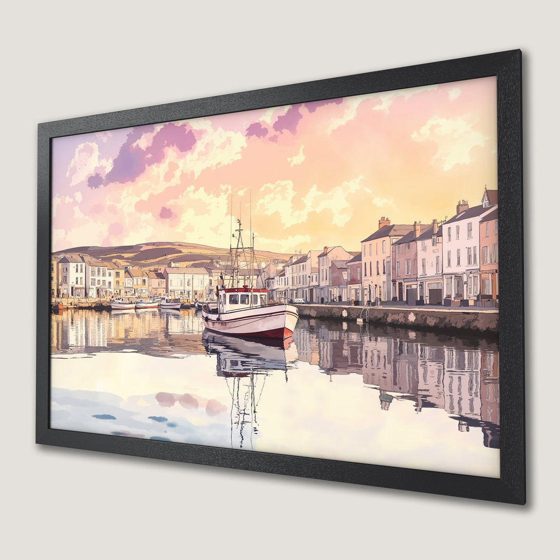Framed Poster: Coastal town art print with boat, warm sunset colors. Perfect wall decor.