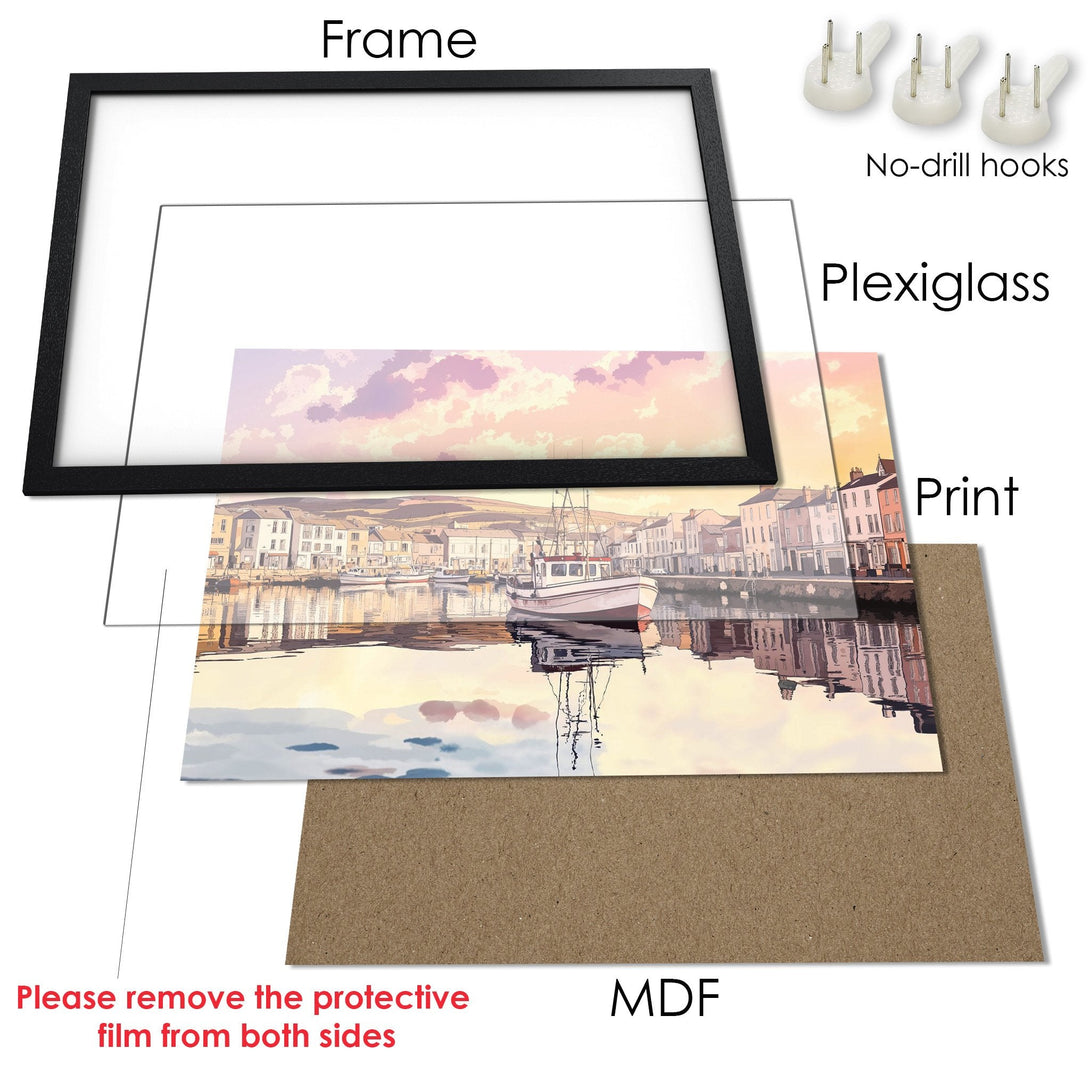 Framed Poster featuring a serene harbor scene in pastel colors. A beautiful art print for your home!