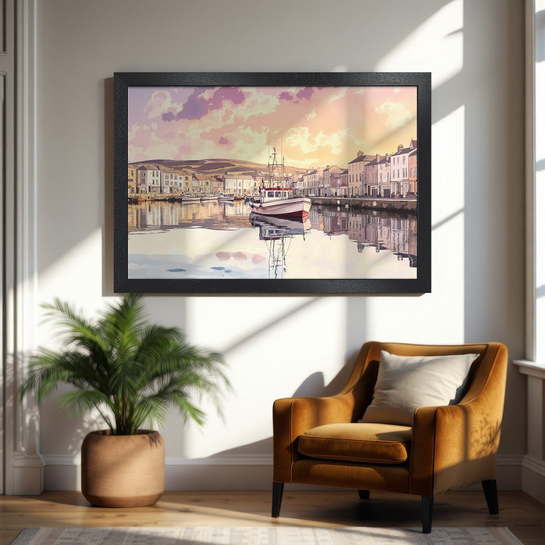 Framed Poster featuring a coastal town scene in watercolor style with a warm, sunset color palette. Perfect wall art for your home!