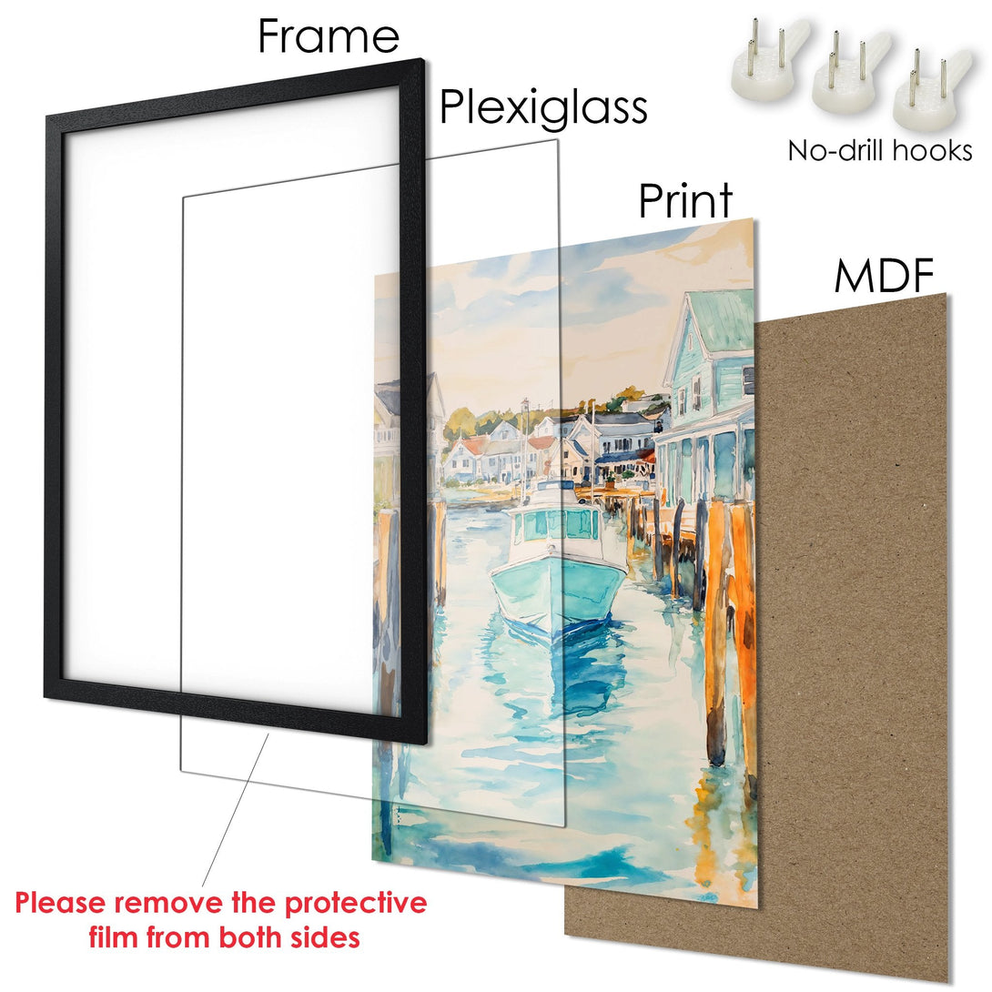 Framed Poster of a coastal watercolor scene. Featuring a boat, houses, and docks in blue, orange, and white. Perfect wall art!
