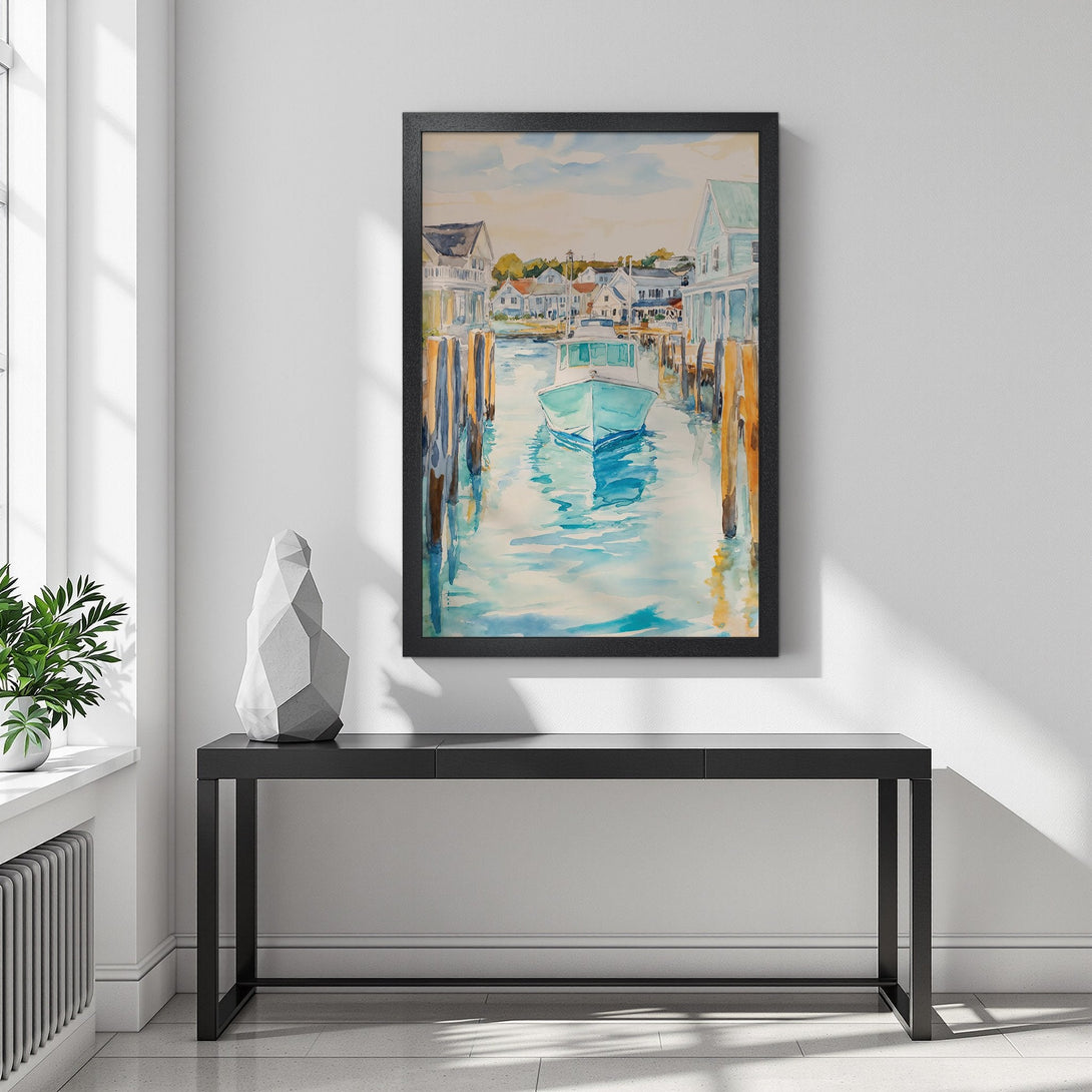 Framed Poster featuring a watercolor boat scene. Coastal style with a serene blue and warm palette. Perfect wall art!