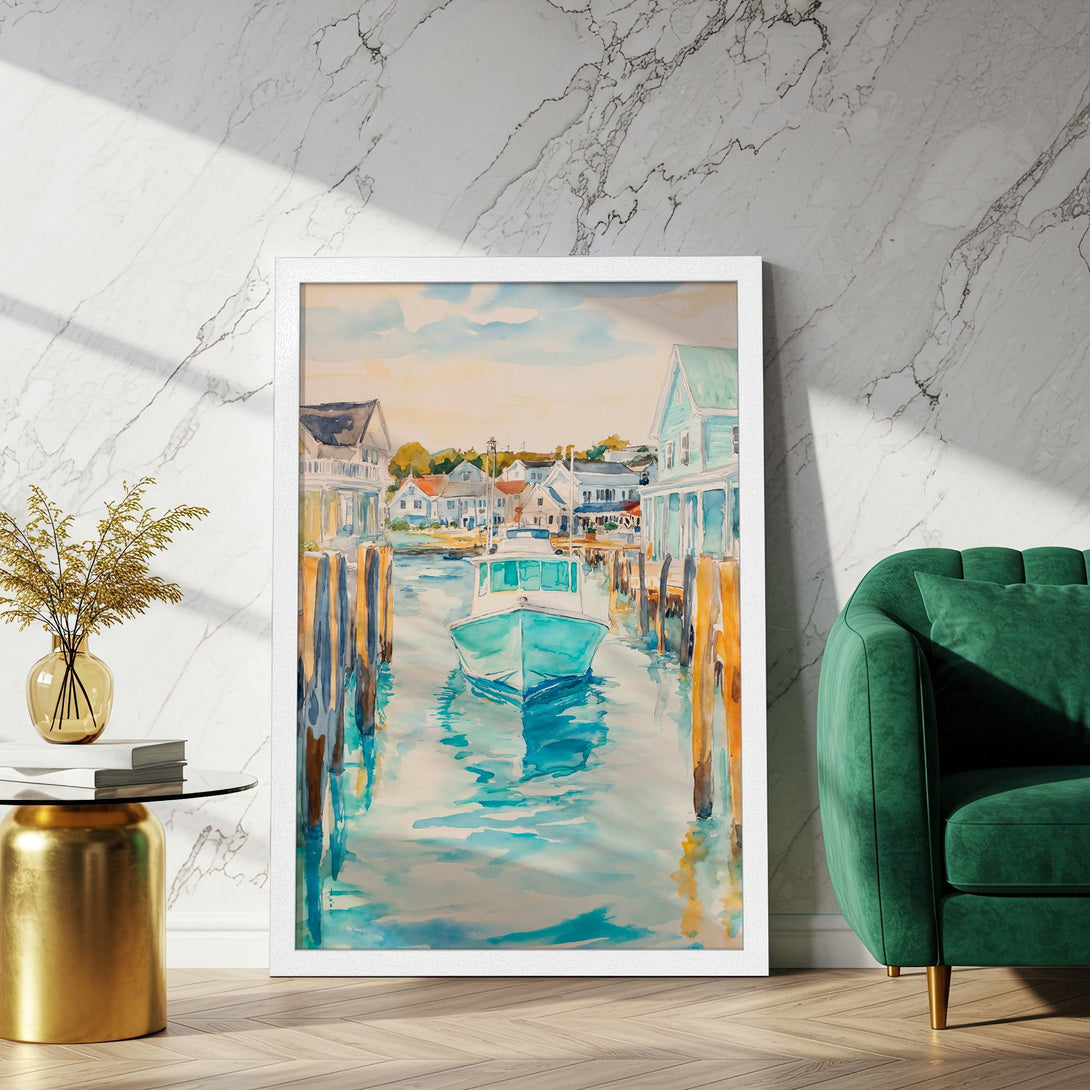 Framed Poster of a watercolor boat scene. Features a coastal town with a soft blue and yellow color palette. Perfect for adding a touch of serenity.