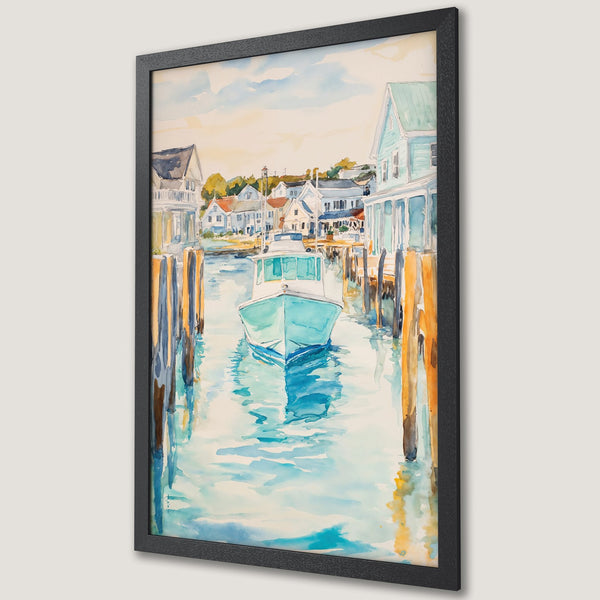 Framed Poster featuring a watercolor painting of a boat in a harbor, with a blue and turquoise color palette. Coastal art for your home.
