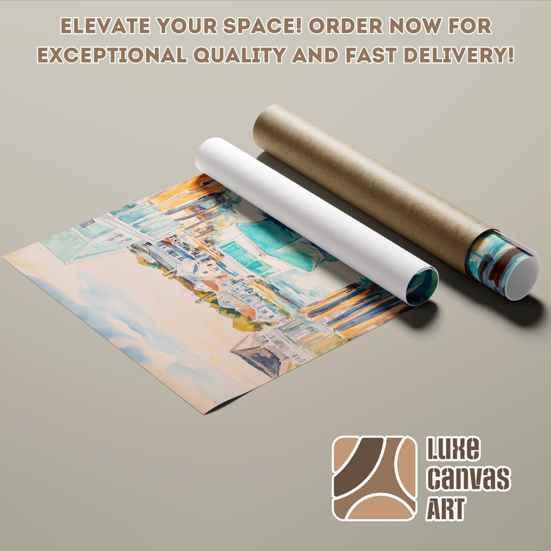 Watercolor Poster Roll with coastal scene, soft blues & warm tones. Elevate your decor!