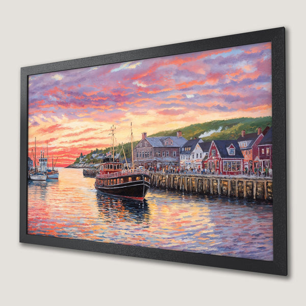 Framed Poster of a harbor scene with a boat, vibrant sunset, and colorful palette. Perfect wall art!