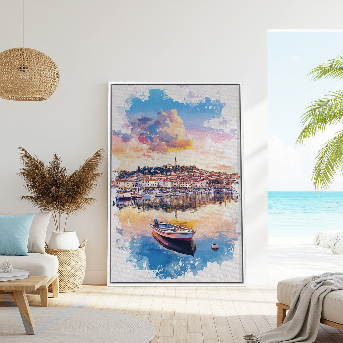 Framed Wall Art featuring a coastal town watercolor painting. Warm sunset hues and cool blues create a serene, artistic vibe for your home decor.